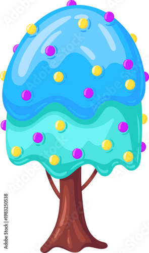 Cartoon candy tree with a sweet frosting canopy and colorful sprinkles on a white background