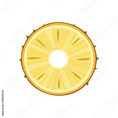Flat illustration of a pineapple slice with green spikes and yellow flesh on a white background
