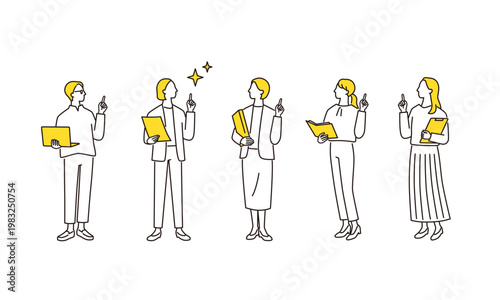 PCや書類ファイルを持つ、問題が解決した女性ビジネスチームの線画イラストセット