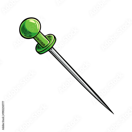 Bright green pushpin with pointed metal pin and circular head for attaching items to surfaces
