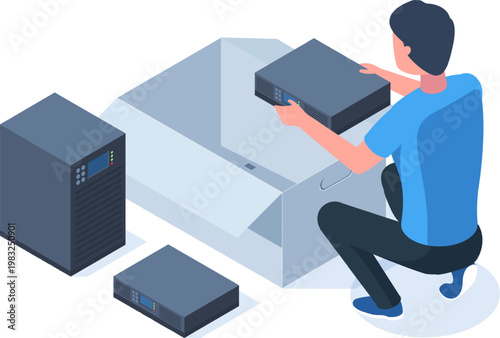Man packing an electronic server for delivery or installation