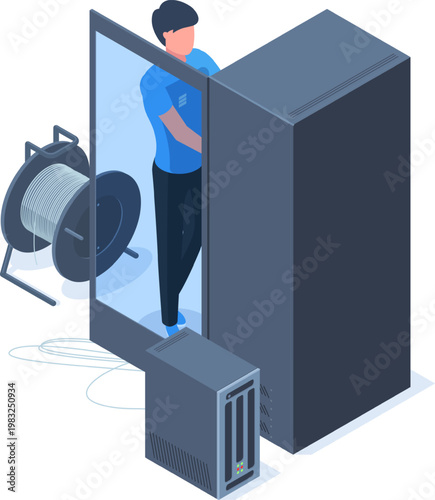 Technician performing maintenance and connecting cables in a data center environment