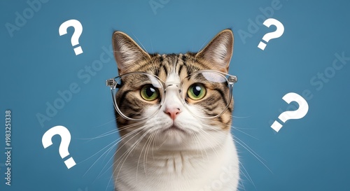 Cute tabby cat wearing clear glasses looking confused with white question marks floating around its head against a solid blue background.
