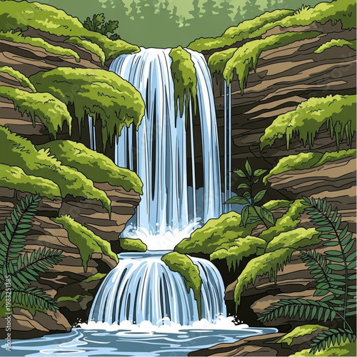 Waterfall Surrounded by Lush Greenery and Foliage.