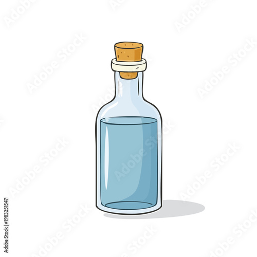 Clear glass bottle filled with blue liquid and sealed with a cork stopper