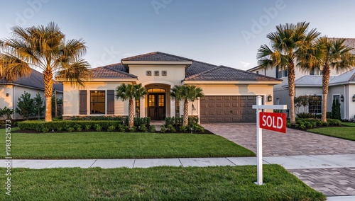 Sunny Day Real Estate Photo of a House for Sale With Green Lawn Palm Trees and Clear Blue Sky
