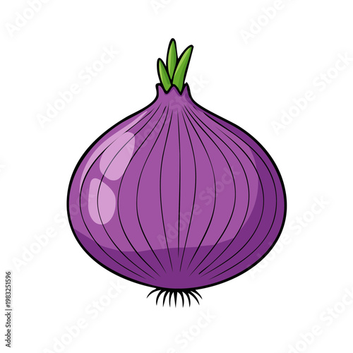 Stylized illustration of a fresh purple onion with green sprouts and roots