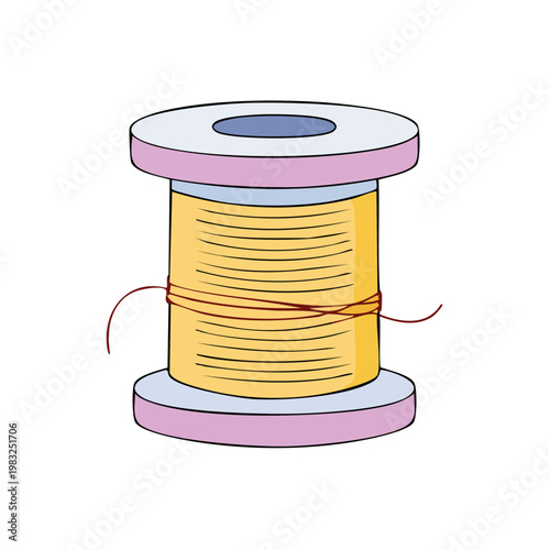 Illustration of a single spool of yellow thread wound tightly with a thin red thread tail