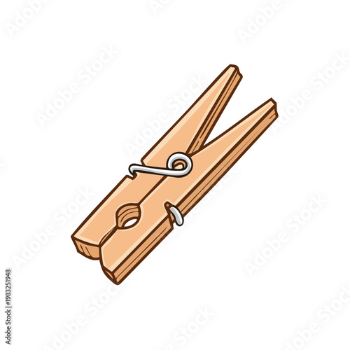 Hand-drawn wooden clothespin with coiled spring and metal grip