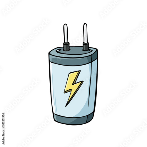 Cartoon electrical adapter with lightning bolt symbol on light blue body and metal prongs