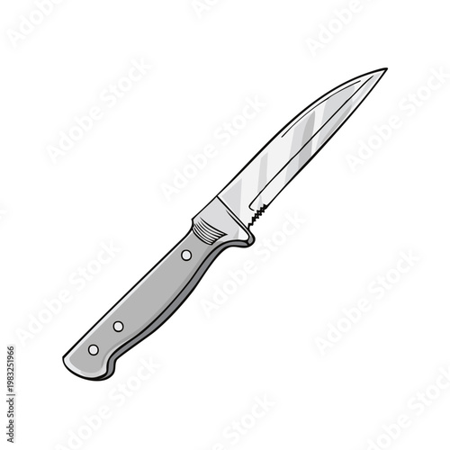 A detailed illustration of a stainless steel kitchen knife with a serrated edge and a grey handle