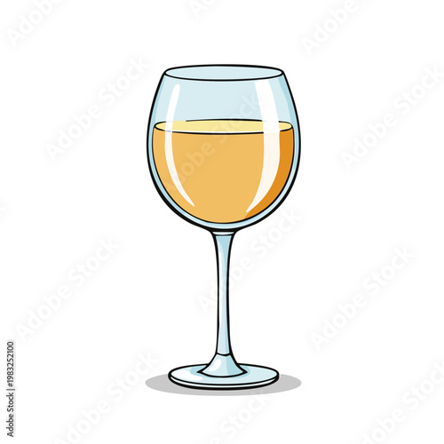 Glass of golden liquid in a clear wine glass with stem and base
