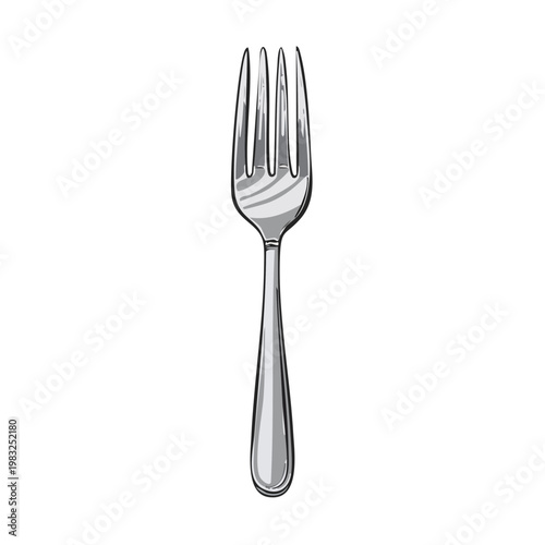 Close-up illustration of a classic metal dinner fork with four tines on a plain background
