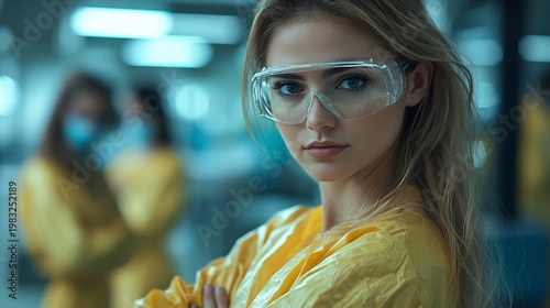 Confident woman in yellow protective suit and goggles, arms crossed, in a blurred industrial setting