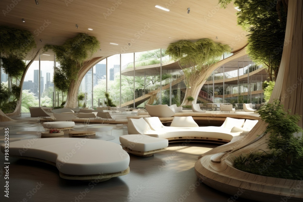 Fototapeta premium Modern organic lounge creating a sustainable city oasis with natural elements and ample seating
