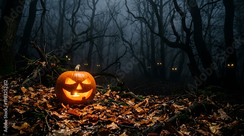 Wallpaper Mural Spooky glowing jack o lantern sits in a dark haunted forest with glowing eyes lurking amongst trees Torontodigital.ca