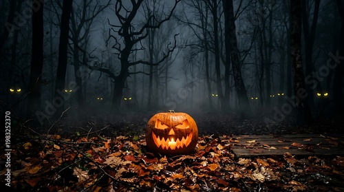 Wallpaper Mural A spooky carved Halloween pumpkin glows in a dark forest with eerie eyes watching from shadows Torontodigital.ca