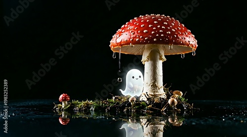 Wallpaper Mural Cute cartoon ghost character hiding under a giant red and white spotted mushroom in a magical forest scene Torontodigital.ca