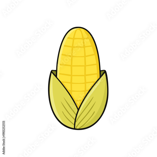 Cartoon illustration of a ripe ear of corn with green husks