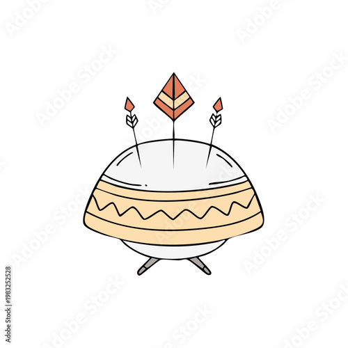 Whimsical alien spacecraft with glowing antennae and geometric spire adorned with tribal patterns