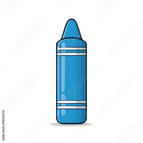 A vibrant blue crayon with white stripes stands upright isolated against a white background