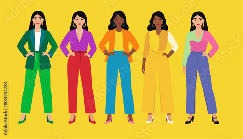 Diverse businesswomen stand confidently side by side in vibrant, coordinated professional outfits, conveying teamwork, leadership, empowerment and modern workplace diversity flat vector