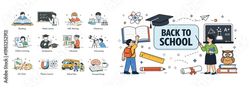 Back to school concept with diverse learning activities and educational symbols