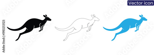 Vector illustration of three kangaroo icons in different colors on a clean white background, suitable for various design projects