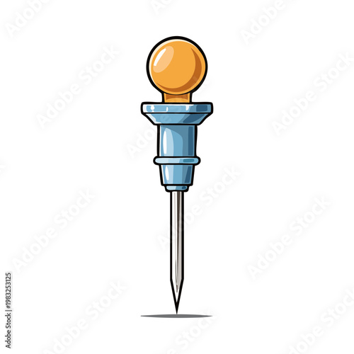 A bright cartoon drawing of a blue and orange thumbtack with a sharp metal point