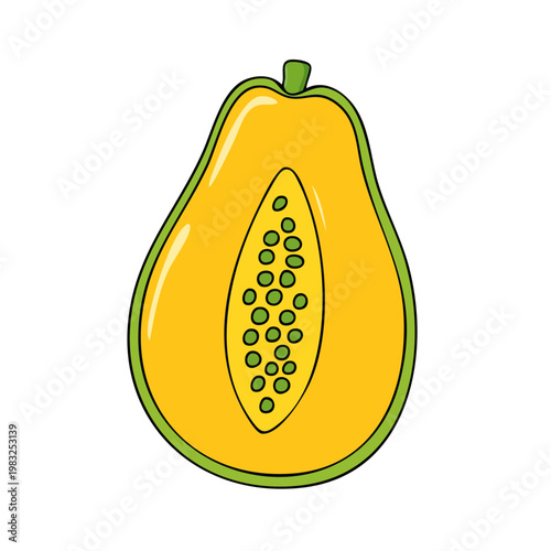 Vibrant half papaya fruit illustration with bright yellow flesh and green skin