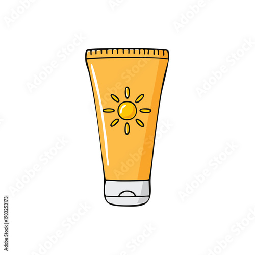 Orange sunscreen tube with sun graphic for skin protection and summer health