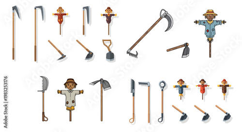 Scarecrow collection and traditional farm tools vector: scythes, hoes, shovels, garden implements,  A detailed vector set featuring various illustrated scarecrows and traditional manual farm