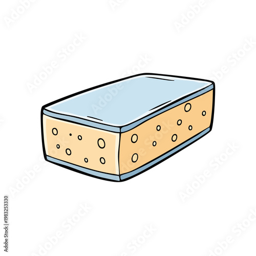 Cartoon illustration of a rectangular cleaning sponge with a blue top and porous orange body isolated on white.