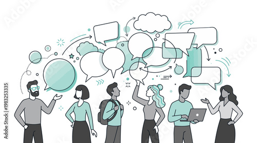 a diverse group of people communicating with speech bubbles.