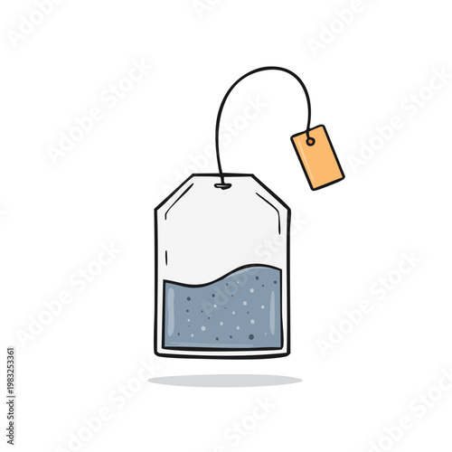 Simple hand drawn illustration of a tea bag with a tag and string filled with liquid