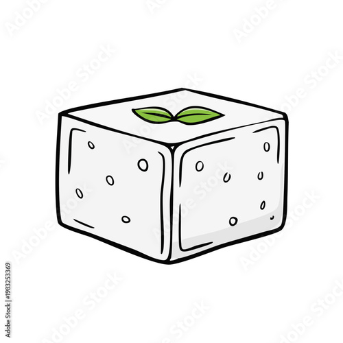 Hand drawn block of white cheese with green herb garnish isolated on white background