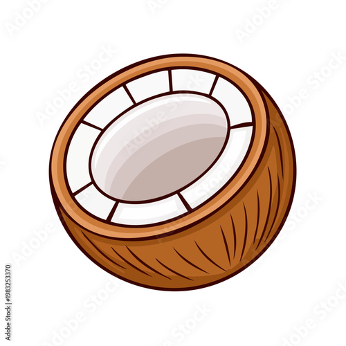 Illustration of a halved tropical coconut with white flesh and brown husk on a plain background