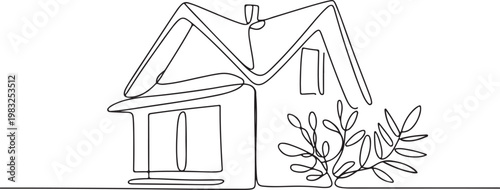 A minimalist continuous line drawing of a charming house with a small bush in front, symbolizing home ownership and real estate concepts