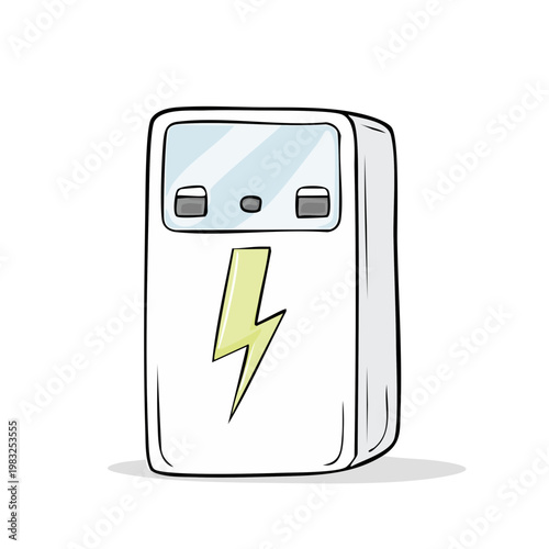 Cartoon illustration of a portable power bank with a lightning bolt symbol for energy and charging