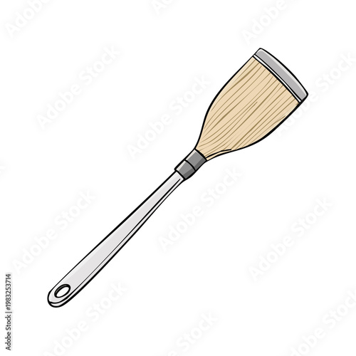 Simple illustration of a spatula with a light wooden handle and a metallic finish on a white background.
