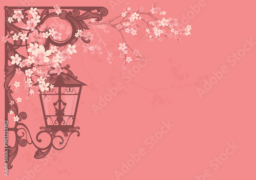 spring season antique style street light and sakura flowers - wall lamp among blooming cherry tree branches vector copy space background design