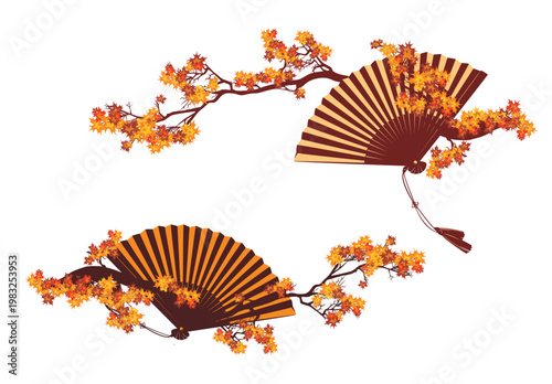 traditional asian foldable hand fan among autumn season foliage -  long horizontal maple tree branch vector border design