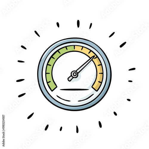 Hand-drawn illustration of a dashboard gauge with a needle indicating a moderate level, surrounded by radiating lines.