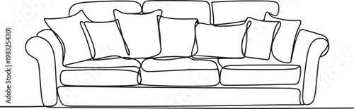 Minimalist outline illustration of a classic three-seater sofa with plush cushions, representing comfort, home decor, and modern interior design for relaxing living spaces