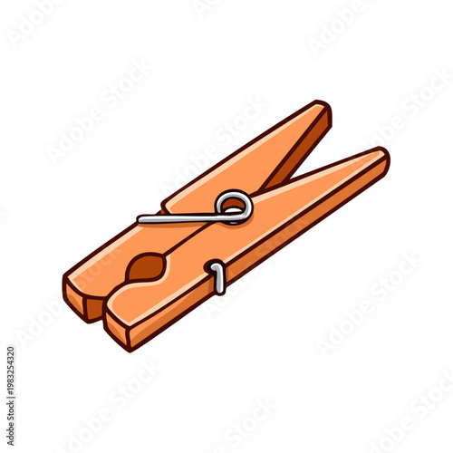 A classic wooden clothespin with a silver spring mechanism in a simple flat design