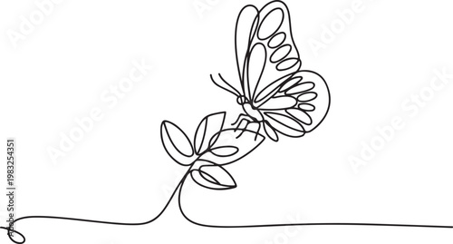 Minimalist single-line drawing of a delicate butterfly perched on a small plant with flowing leaves, symbolizing nature's beauty and fragility