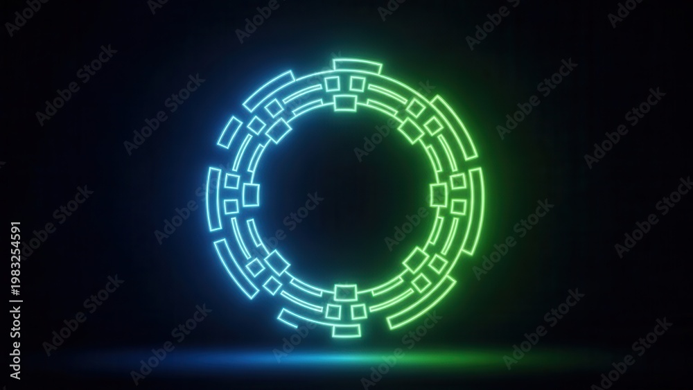 Obraz premium Dynamic cybernetic ring animation with vibrant dual-color neon luminescence on a dark digital canvas