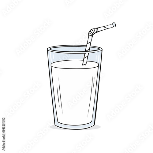 Hand drawn illustration of a glass filled with white liquid and a striped straw