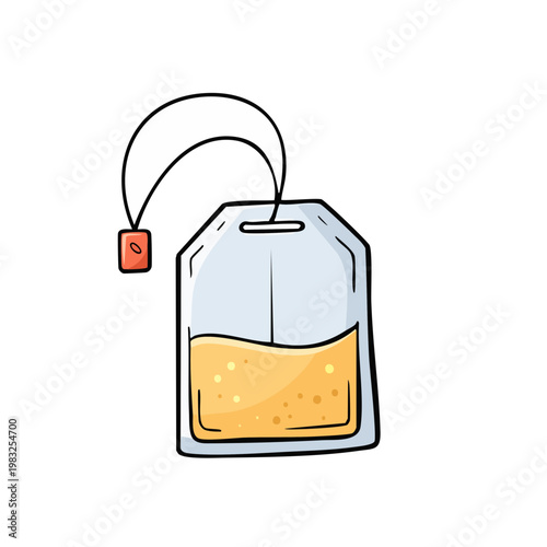 Hand drawn illustration of a single tea bag with infused herbal tea and string tag