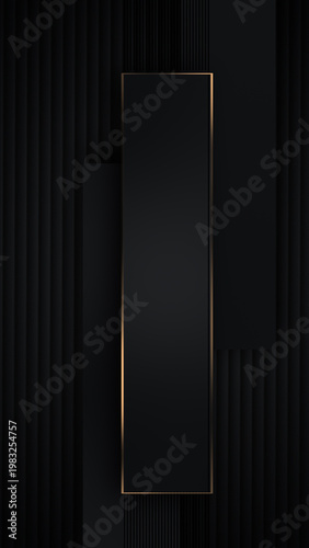 Luxury black abstract background with golden frame and vertical ribbed texture. Elegant minimal design with soft light and depth. Premium backdrop for branding, banners, presentations  modern design